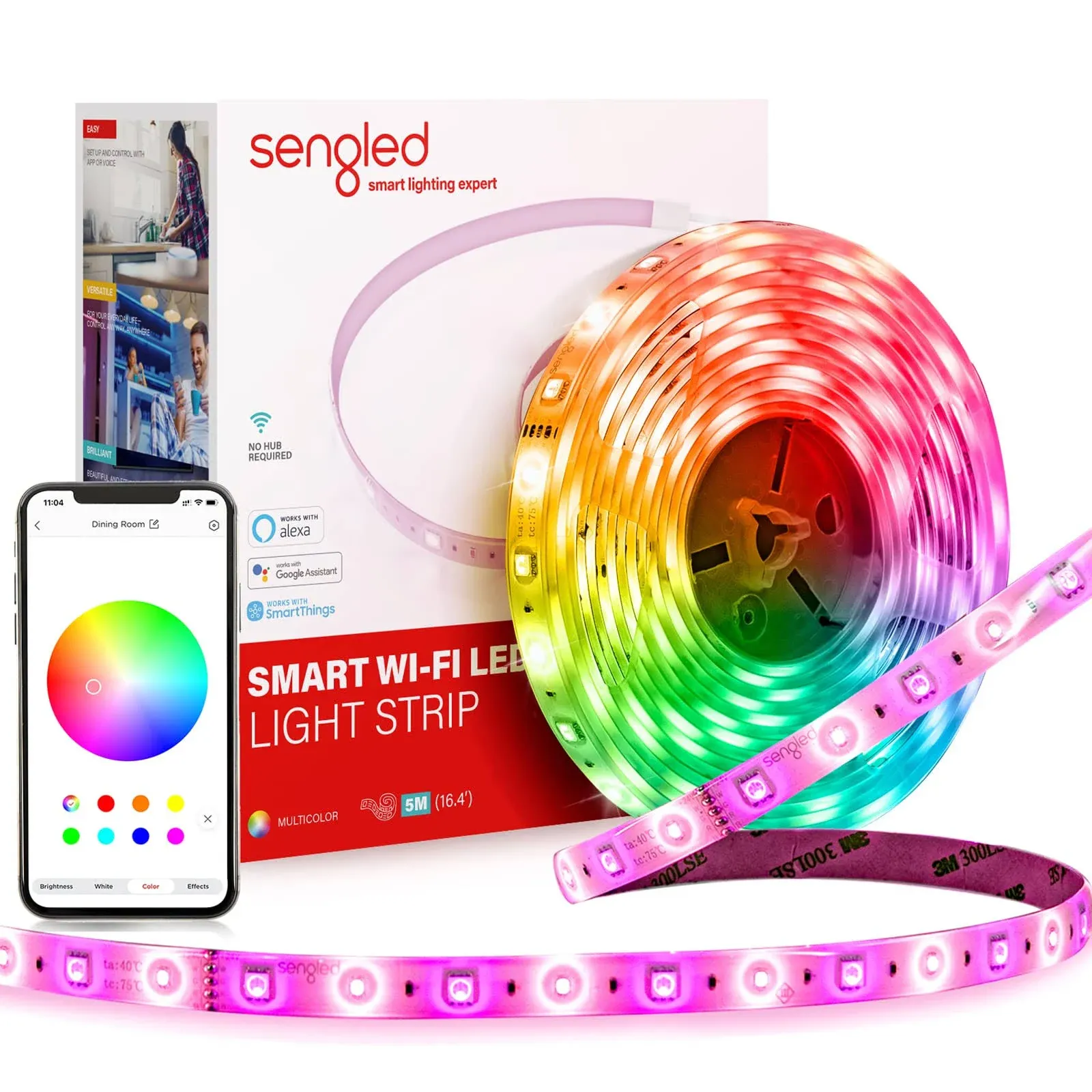 Sengled Smart Wi-Fi LED Multicolor Light Strip, 5M (16.4ft), No Hub Required, Works with Alexa & Google Assistant, RGBW, High Brightness, 1800 Lumens, Adjustable Length, 25,000 Hours Life for Home