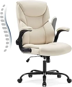 DUMOS Leather Office Chair with Flip Up Arms, Executive High Back Big and Tall Desk Chairs with Ergonomic Lumbar Support, Adjustable Height,Wheels, Soft Padded, Cream