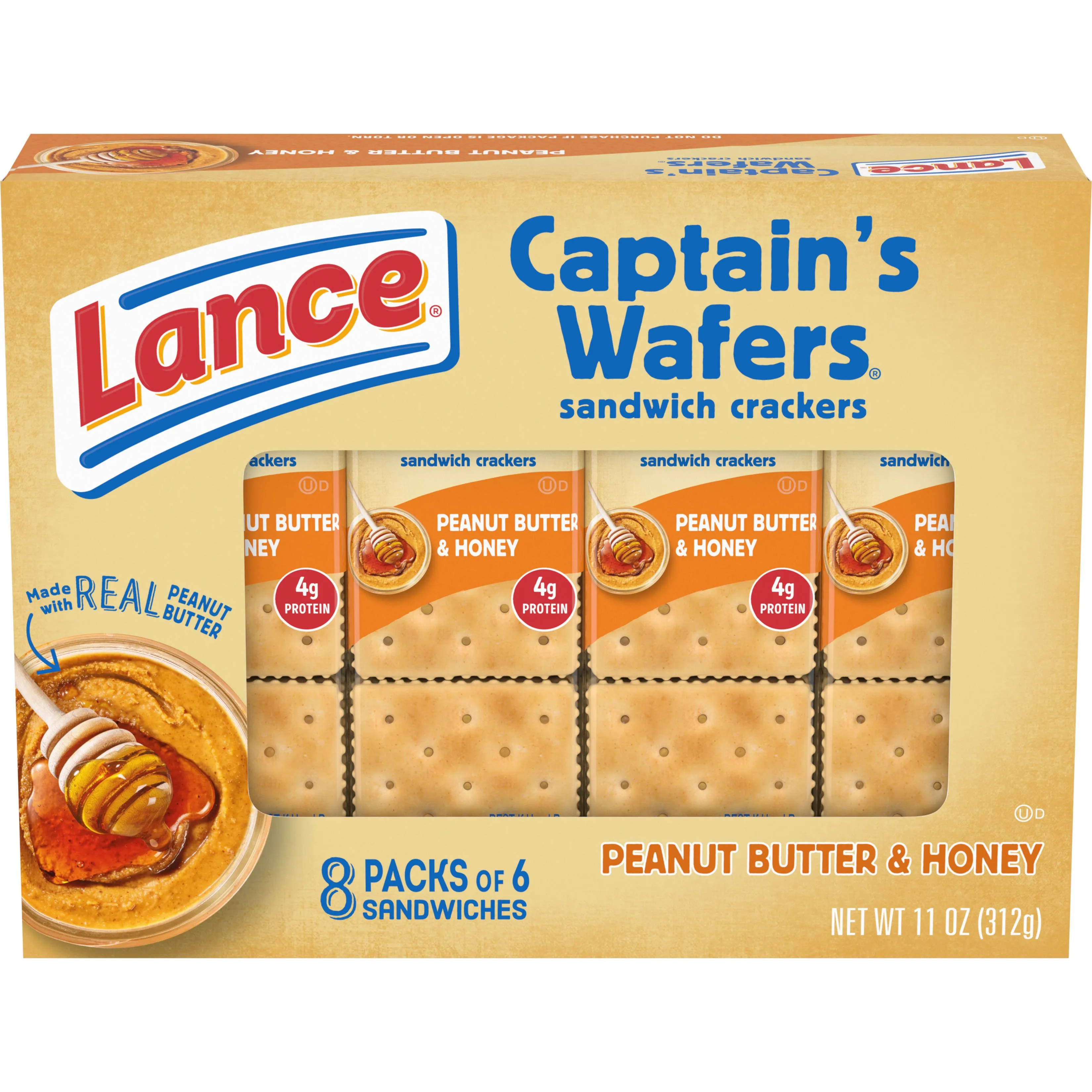 Lance Captain's Wafers Sandwich Crackers, Peanut Butter & Honey, 8 Pack - 8 6 sandwich packs, 11 oz