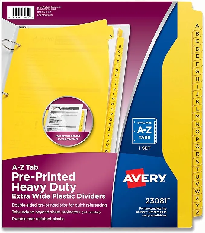 Avery Heavy-Duty Plastic Industrial Dividers, 26 A-Z Tabs, Yellow (23081),11.05 x 9.05 x 0.3 inches