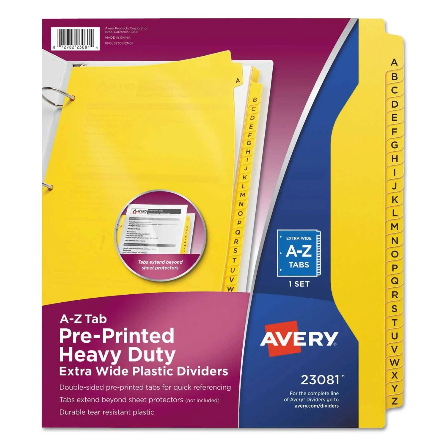 Avery Heavy-Duty Preprinted Plastic Tab Dividers 26-Tab A-Z Yellow 1 Set 23081