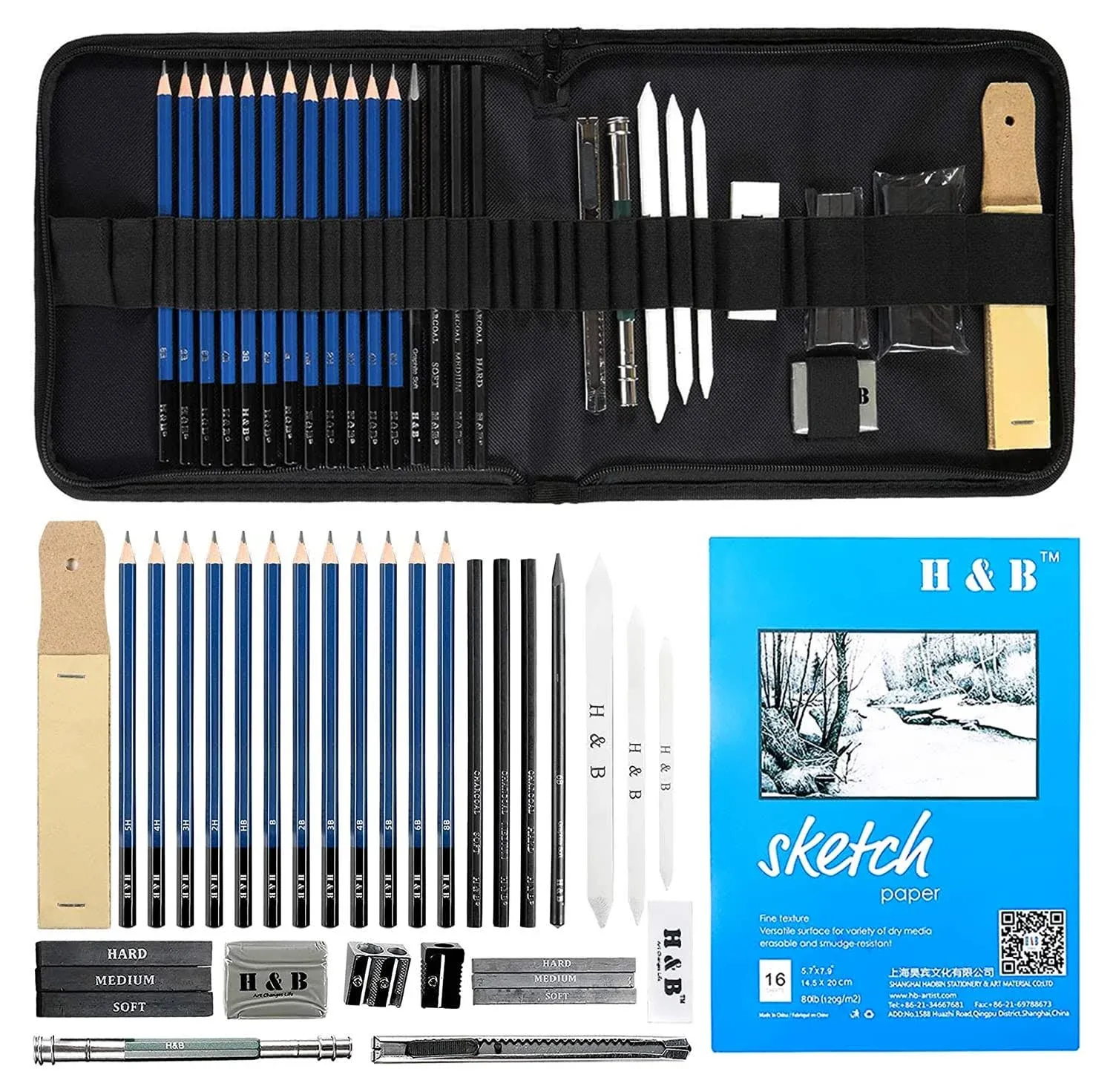 H & B Sketching Pencils Set, Drawing Pencils and Sketch Kit, 33-Piece Complete A