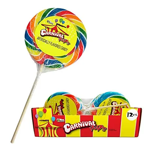 Giant 4.25 oz Carnival Lollipop with multi swirl colors with carnival pop label - 12 Count Display Box