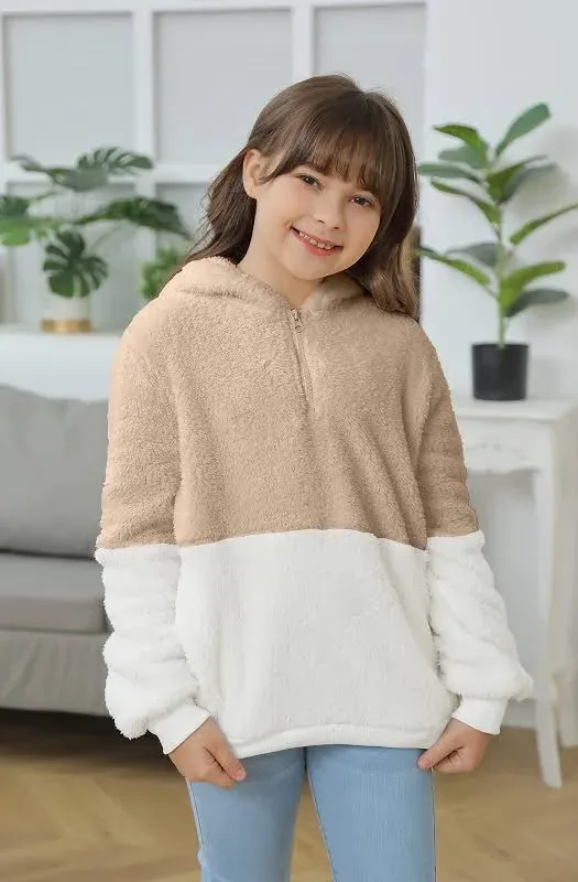 Haloumoning Girls Fuzzy Fleece Pullover Hoodies Sweatshirt Casual Loose Outwear Coat with Pockets 4-15 Years