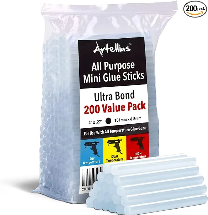 Artellius Mini Hot Glue Sticks (Huge Bulk Pack of 200) 4" and 0.27 Diameter - Compatible with Most Glue Guns