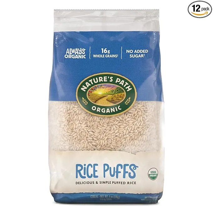 Nature's Path Organic Rice Puffs Cereal, Earth Friendly Package, Non-GMO, 16g Whole Grains, No Added Sugar, 6 Oz, Pack of 12