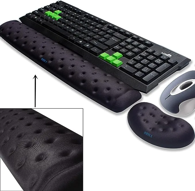 BRILA Memory Foam Mouse & Keyboard Wrist Rest Support Pad Cushion Set for Computer, Laptop, Office Work, PC Gaming - Massage Holes Design - Easy Typing Wrist Pain Relief (Black)