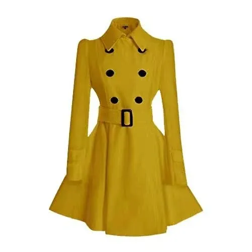 ForeMode Women Swing Double Breasted Wool Pea Coat with Belt Buckle Spring Mid-Long Long Sleeve Lapel Dresses Outwear