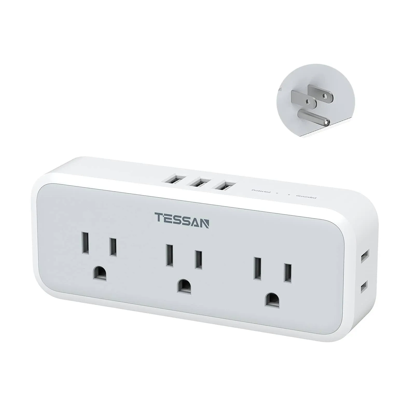 Mini Power Strip with 3 USB Ports, TESSAN 2 Outlet Portable Flat Plug Strip with 5 Ft Small Extension Cord, No Surge Protector for Cruise Ship Essentials Travel