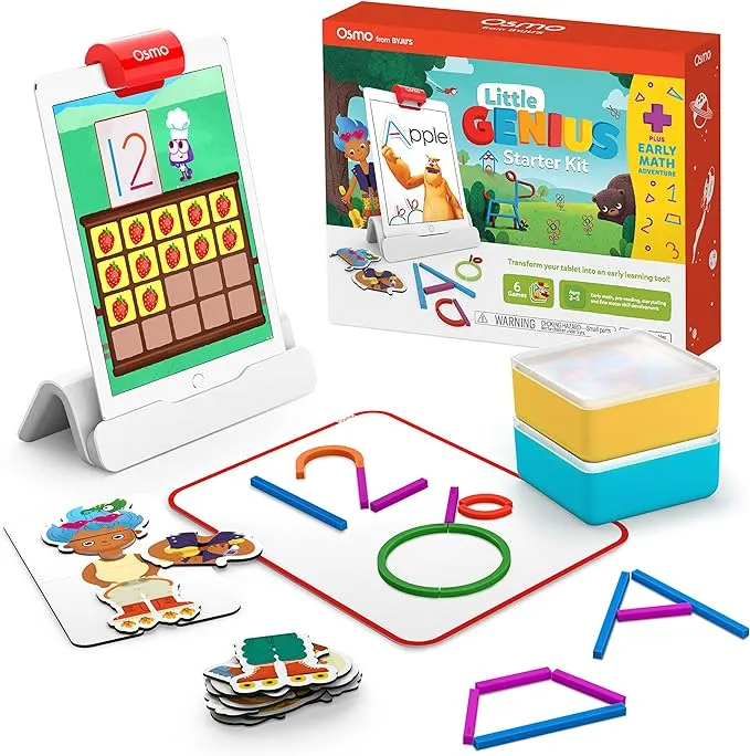 Osmo-Little Genius Starter Kit for iPad + Early Math Adventure-6 Educational Learning Games Ages 3-5-Counting, Shapes,Phonics & Creativity-STEM Toy Gifts-Kids(Osmo iPad Base Included-Amazon Exclusive)