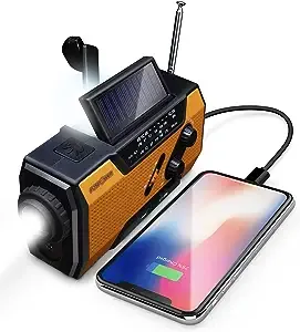 FosPower Emergency Solar Crank Portable Radio, AM/FM, LED Flashlight, 2000mAh Power Bank with USB Port and SOS Alarm