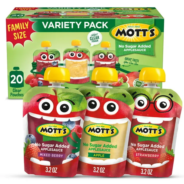 Mott's No Sugar Added Applesauce Variety Pack, 3.2 oz Clear Pouches, 20 Pack