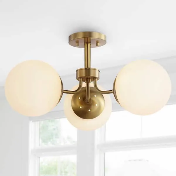 Jonathan Y JYL7600A Olivier 23.5 in. 3-Light Brass Gold Bohemian Farmhouse Iron/Frosted Glass LED Semi Flush Mount, White