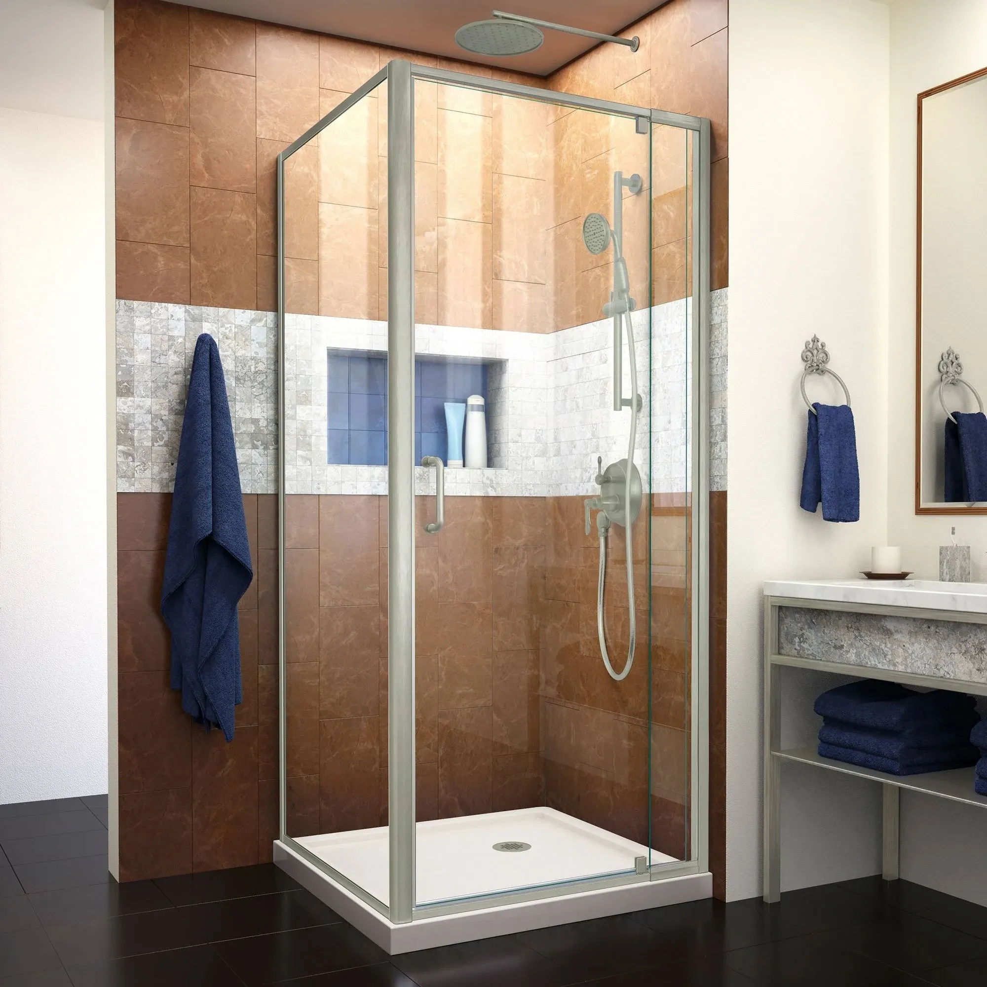 DreamLine Flex D x H Semi-Frameless Pivot Shower Enclosure in Chrome Drain Base