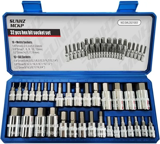 SUNHZMCKP 32 Piece Allen Socket Set, 1/4", 3/8", & 1/2" Drives Hex Bit Socket Set, Include Complete SAE and Metric Size Socket Set, S2 & Cr-V Steel and Enhanced Storage Case