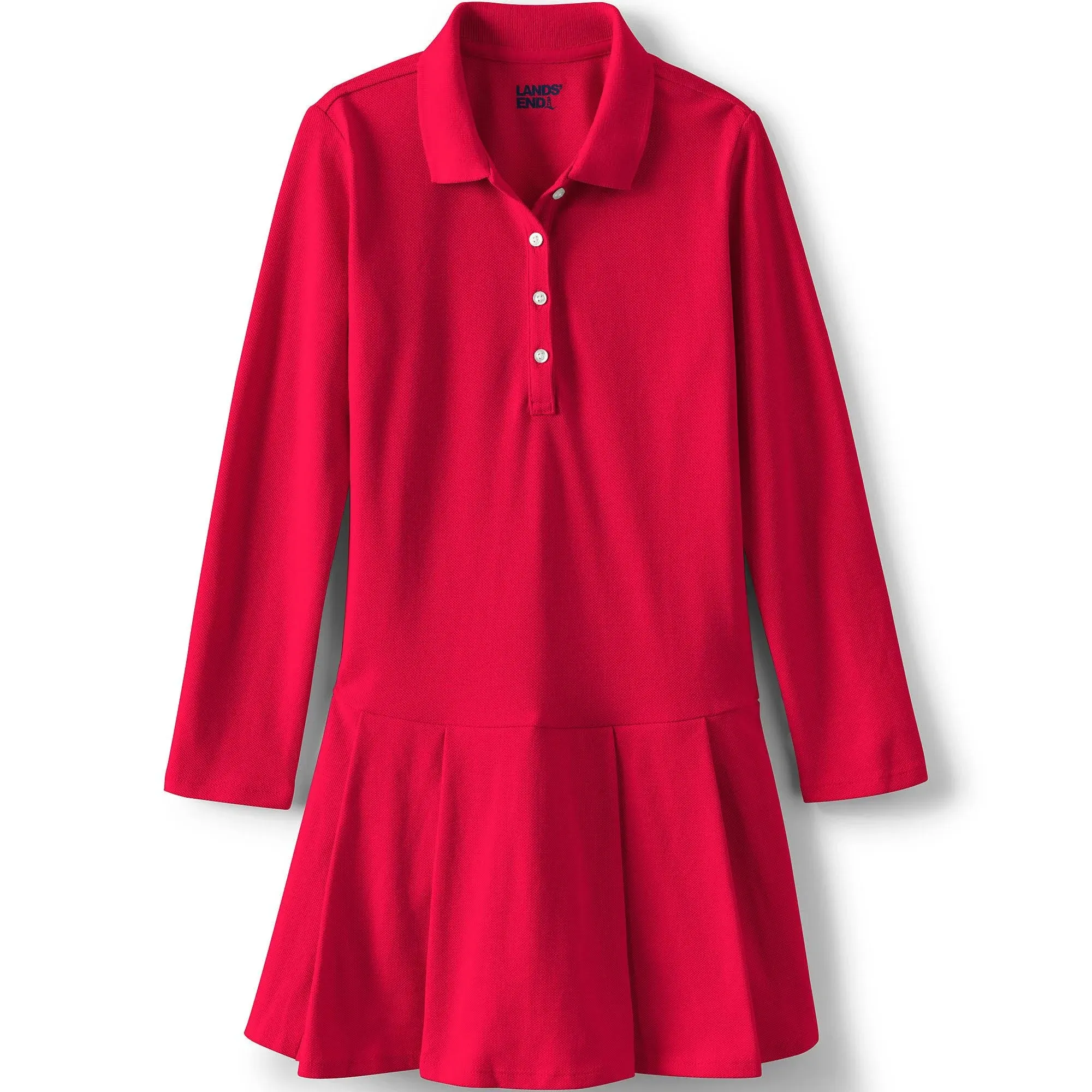 Lands' End School Uniform Girls Long Sleeve Mesh Pleated Polo Dress - 12 - Red