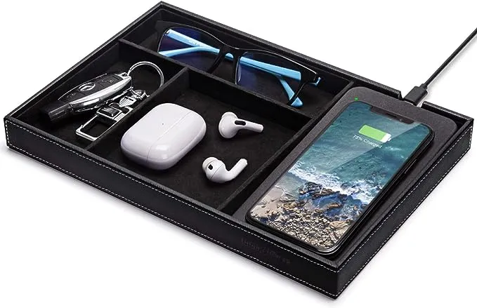 Valet Tray, Built In Wireless Charging Pad, Nightstand Organizer,