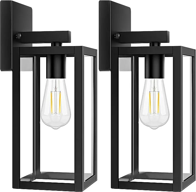 2-Pack Outdoor Light Fixtures Wall Mount, Waterproof Exterior Wall Lanterns with Clear Glass, Anti-Rust Outside Black Wall Sconces, Front Porch Lights for House Garage Doorway, Bulbs Not Included