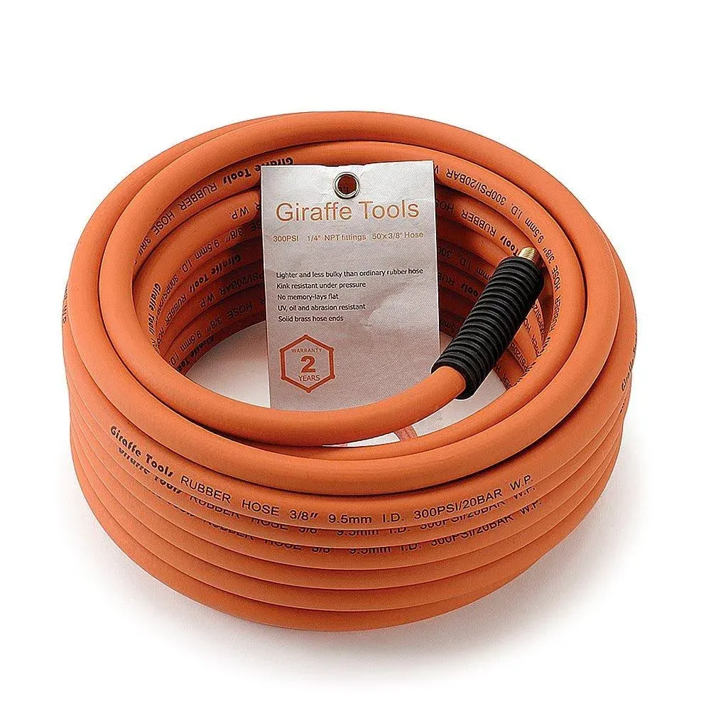 Rubber Air Hose, 3/8 inch x 50 ft, 1/4 in. MNPT Fittings, 300 PSI Heavy Duty,...