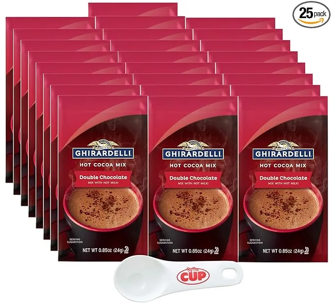 Ghirardelli Double Chocolate Hot Cocoa Mix, 0.85 oz Packets (Pack of 25) with By The Cup Cocoa Scoop