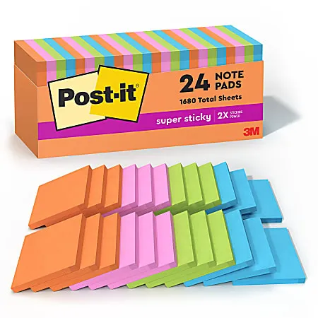 Post-it Super Sticky Notes, 24 Pads, 3 in x 3 in, 2x the Sticking Power, Ideal for Second School Semester, Sticky Notes for Dorm, Home and Office, Energy Boost Collection