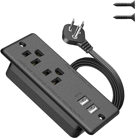 Recessed Power Strip with 2 USB,Flat Plug Ultra Thin Extension Cord,Furniture Desktop Charging Station for Side Table,End Table,Flush-Mount Desk Outlet Power Grommet with 9.85ft Cord Black