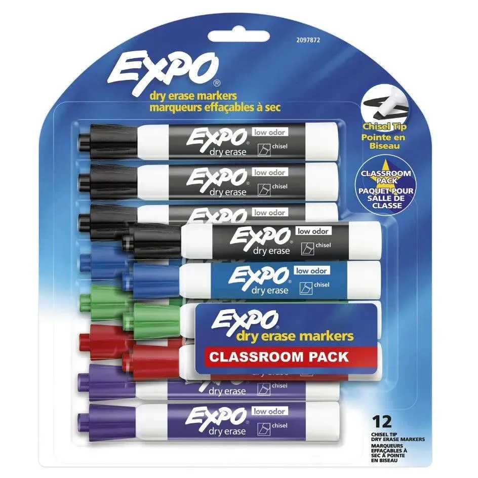 EXPO Low Odor Dry Erase Markers, Chisel Tip, Assorted Colors, 12 Count