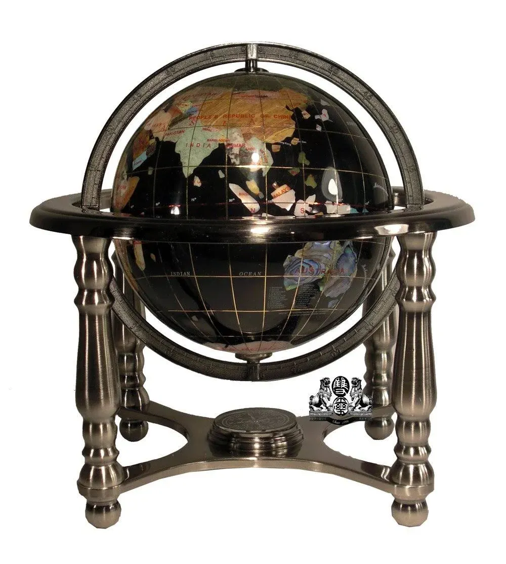 10&#034; Tall Black Onyx Ocean Gemstone World Globe with 4 Leg Silver Stand