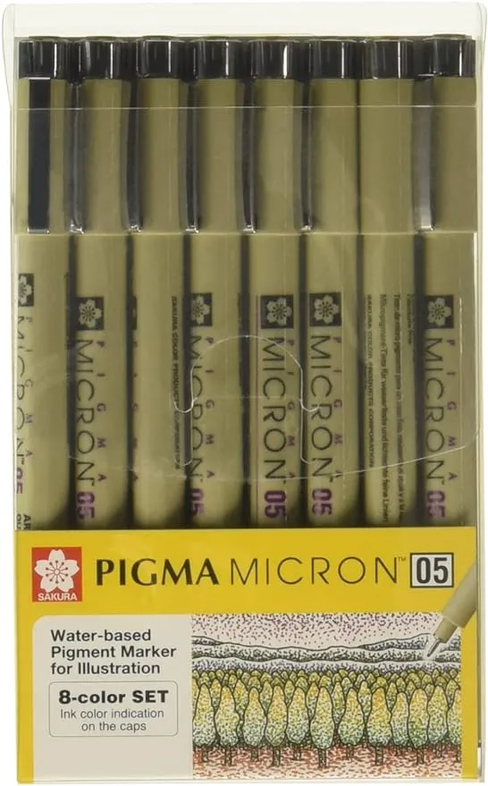 Sakura Pigma Micron Pens 05 Line Drawing 8 Color Set, Archival Ink Fineliner Manga Pen, Bible Journaling Study Kit