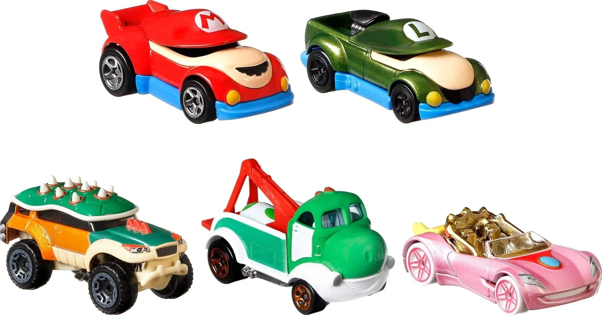 Hot Wheels Super Mario Character Car 5-Pack with Mario, Luigi, Princess Peach, Yoshi & Bowser Vehicles in 1 Set, for Ages 3 Years Old & Up