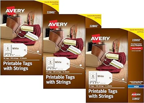 Avery 22802 Printable Tags for Inkjet Printers Only, Tags With Strings, 2" x 3.5", 96 Tags, Sold as 3 Pack, 288 Tags Total