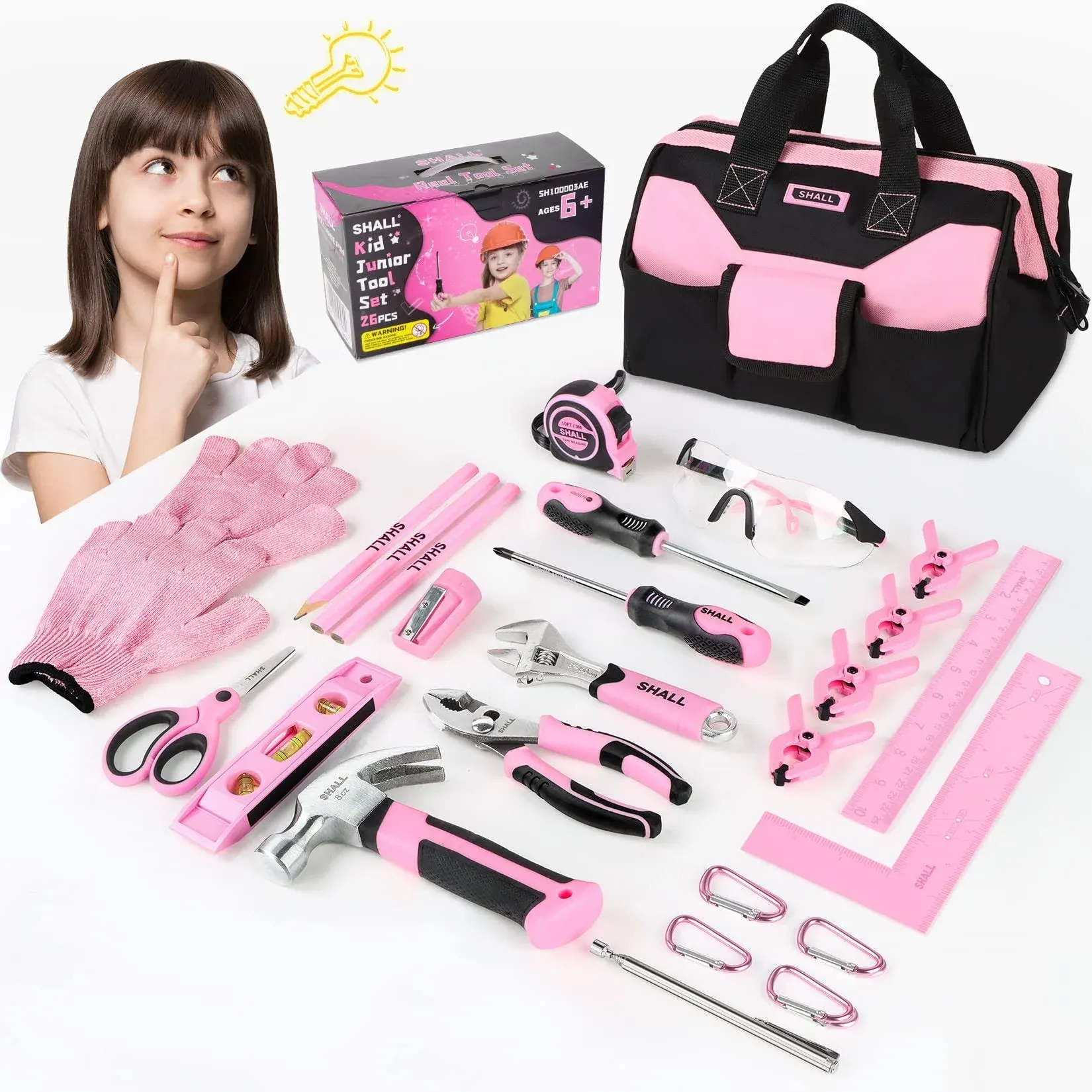 Shall 26-Piece Kids Size Tool Set, Pink Real Tools for Kids with 12" Tool Bag ...