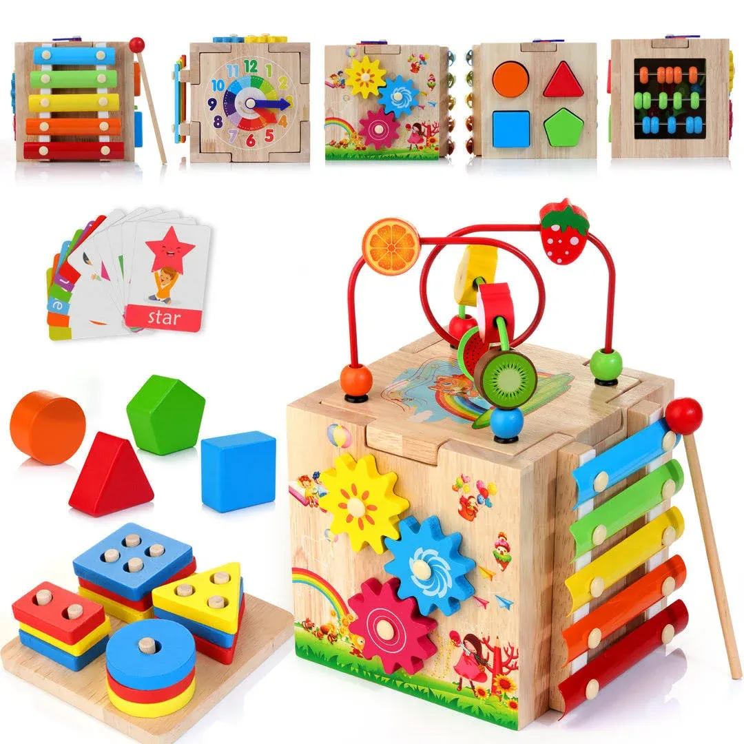 WOODMAM Montessori Toys for 1 Year Old, 8 in 1 Wooden Activity Cube with Shape ...