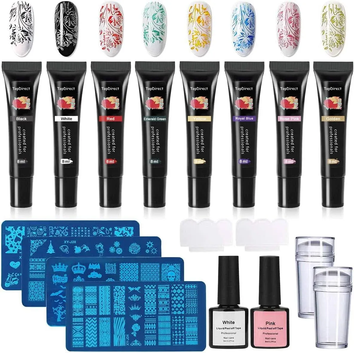 TopDirect 8 Colors Nail Stamping Gel Polish 8ml + 4pcs Nail Stamp Templates + 2 x 8 ml Liquid Latex Peel Off Tape + 1 Stampers with 2 Scrapers, Nail A