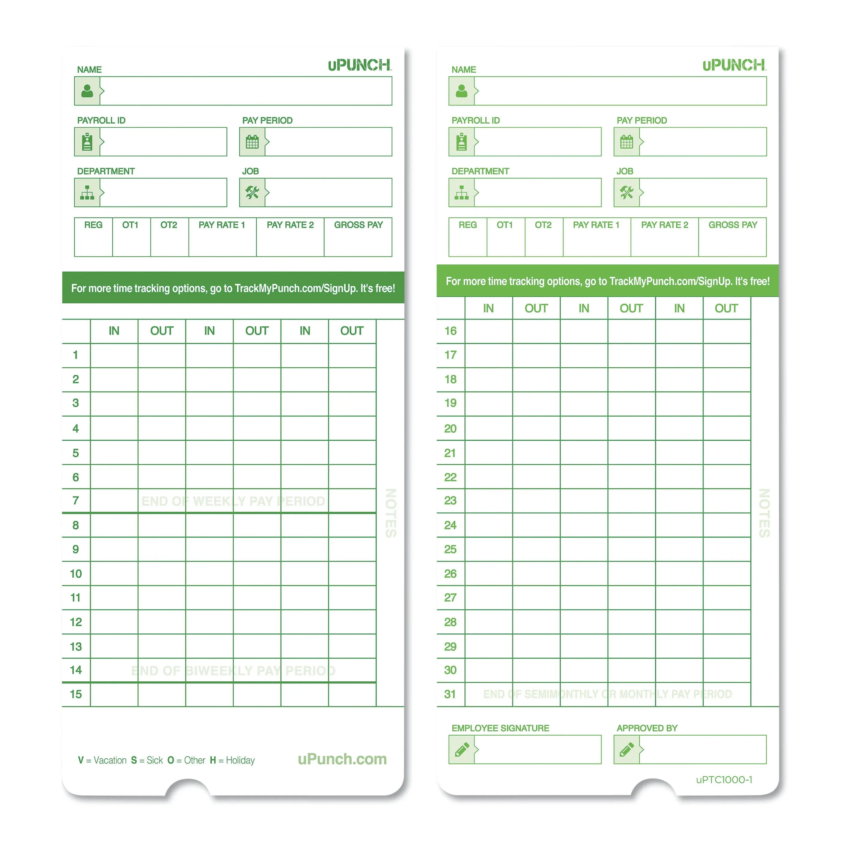 Time Card for uPunch Hn1000, Hn3000, Hn3600 Bundle, 100/pk