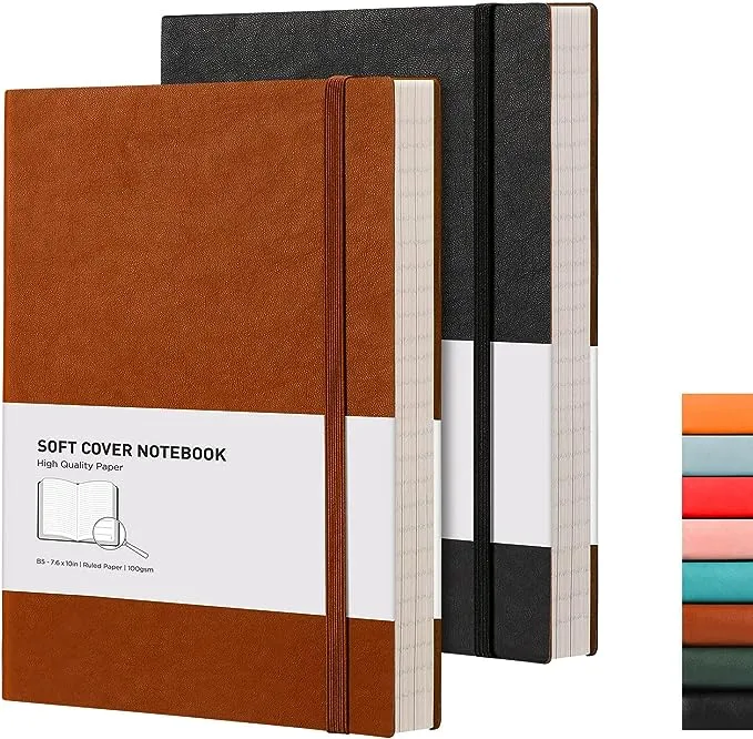 RETTACY College Ruled Notebook 2 Pack - B5 Notebooks and Journals with Soft Leather Cover, 408 Pages, 100 GSM Thick Lined Paper, 7.6" × 10" (Black & Brown)