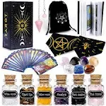 YixangDD Tarot Cards with Guide Book 18 Pcs Include 1 Deck of 78 Cards 、6 Mini Crystal Jars,7 Chakra Stones,1 Spirit Pendulum,1 Cloth ,1Goddess of