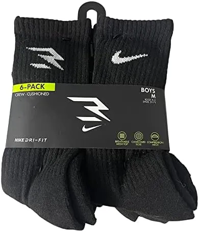 Nike 3BRAND by Russell Wilson Kids' Dri-Fit Crew Socks - 6-Pack - Black