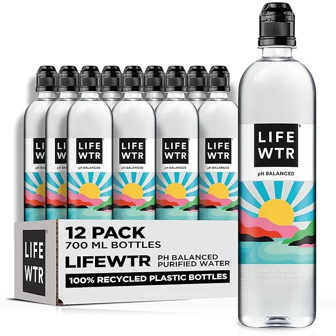 LIFEWTR Premium Purified Water, pH Balanced with Electrolytes, 100% recycled plastic bottles, 23.7 Fl Oz Flip Cap Bottles, 700 mL (Pack of 12)