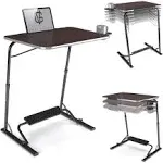 FoldWise Folding Laptop Table for Sofa - Wooden Portable Computer Desk & Overbed Table, All-in-One: Adjustable Height, Tilt Angle, Flat-Folding, Footrest, Cupholder, Tablet Holder & Edge Stopper