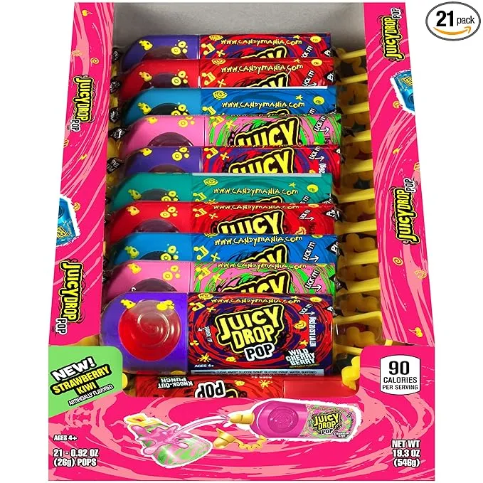 Juicy Drop Sweet & Sour Lollipop Variety Party Pack - 21 Count Sweet Lollipop Suckers & Sour Gel in Assorted Fruity Flavors - Fun Sour Candy For Birthdays And Parties - Sour Candy Variety