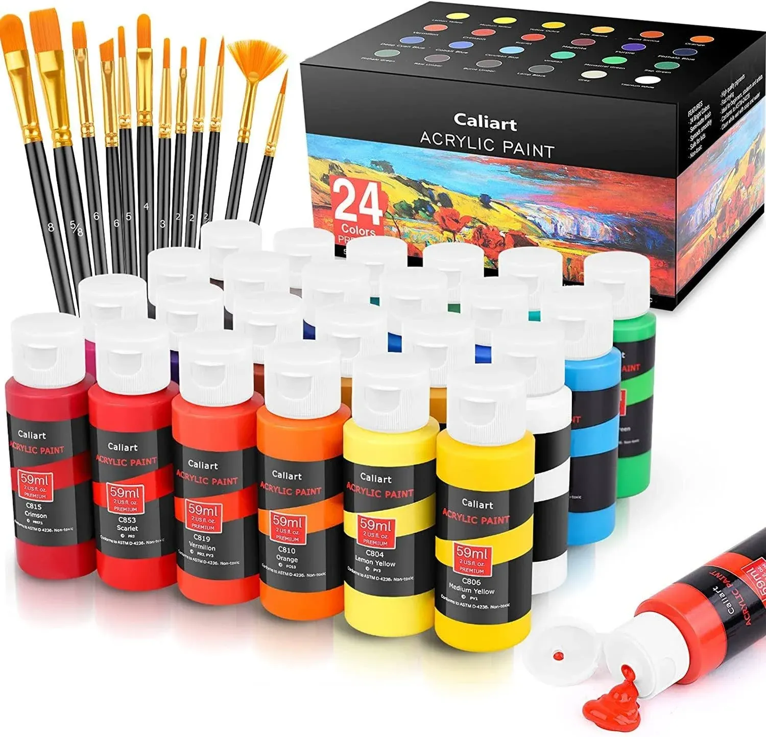 Acrylic Paint Set with 12 Brushes, 24 Colors (59Ml, 2Oz) Art Craft Paints for Ar