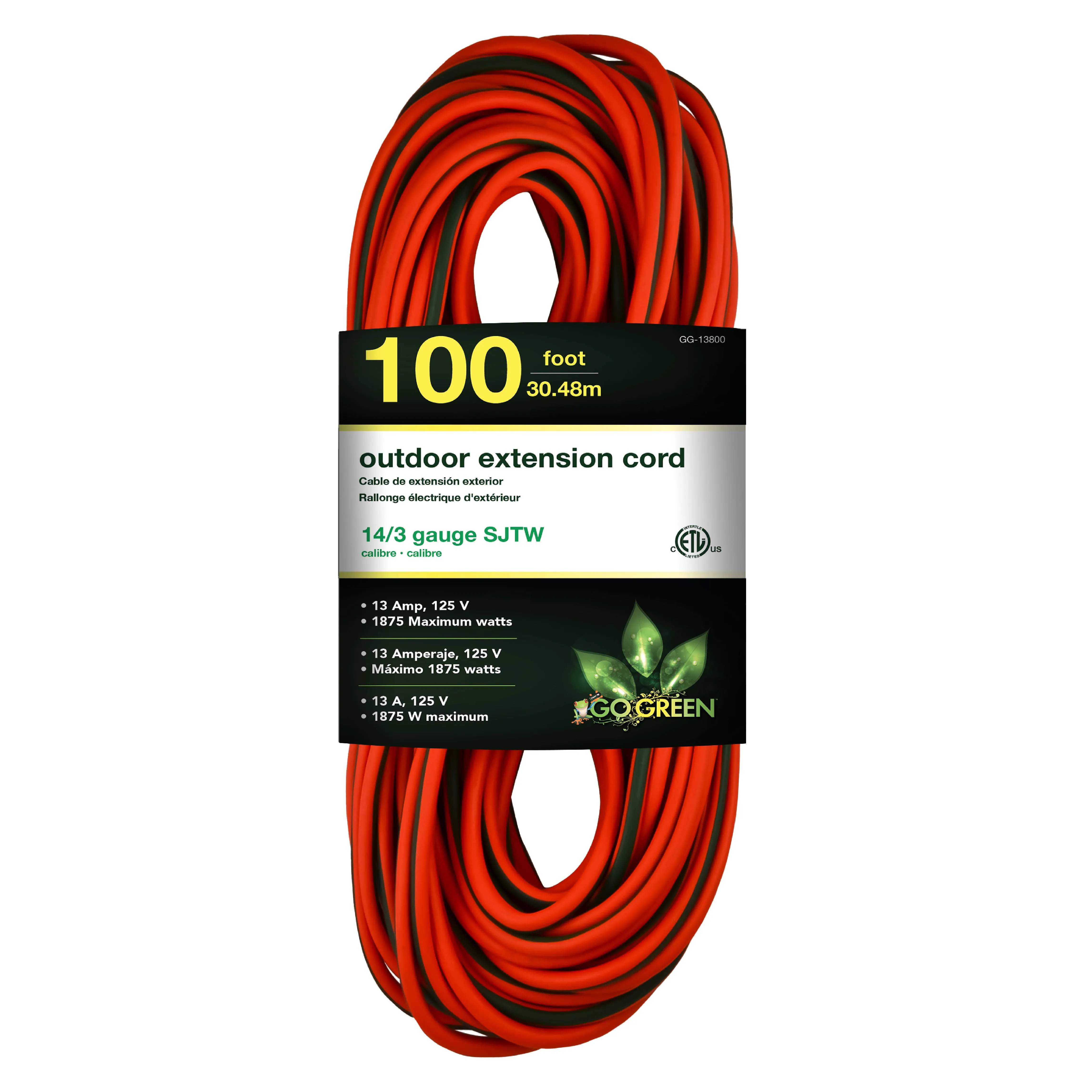 GoGreen Power (GG-13700) 16/3 100’ SJTW Outdoor Extension Cord, Lighted End, 100 Ft