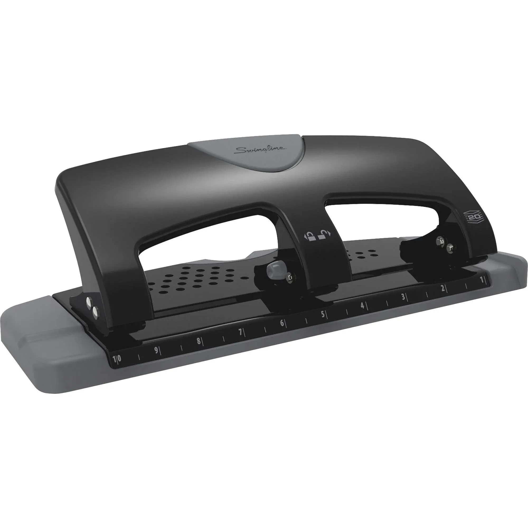 Swingline® 20-Sheet Smarttouch Three-Hole Punch, 9/32" Holes, Black/gray