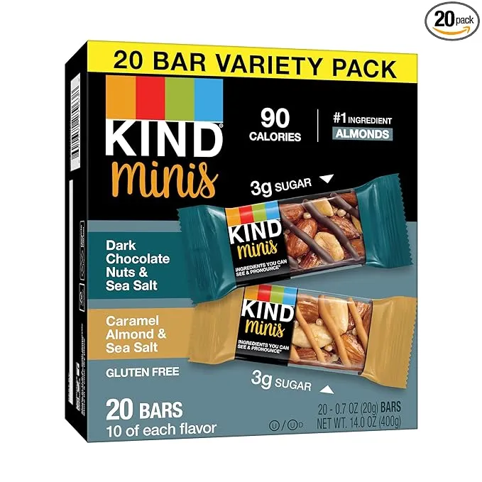 Kind - Minis, Dark Chocolate Nuts and Sea Salt/Caramel Almond and Sea Salt, 0.7 oz, 20/Pack