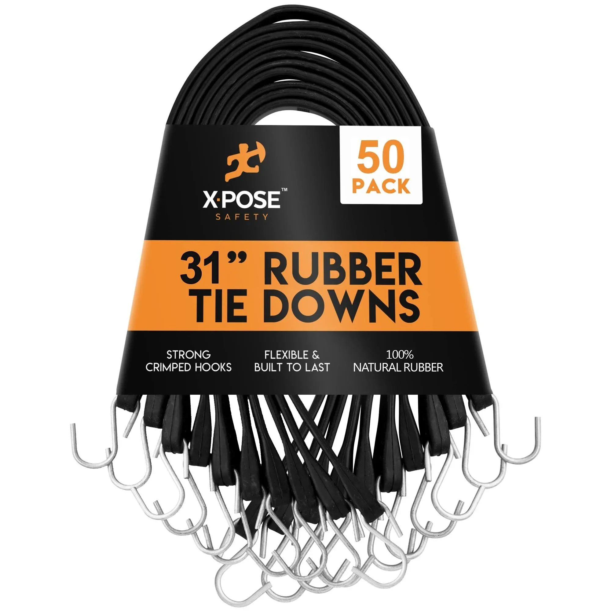 Xpose Safety Rubber Bungee Cords with Hooks 50 Pack 31 inch (54 Max Stretch) Heavy-Duty Black Tie Down Straps for Outdoor, Tarp Covers, Canvas Canopies, Motorcycle