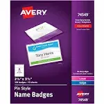 Avery 74549 Name Badge Kit,Easy Pkt,Pin,Top Load,2-1/4-Inch x3-1/2-Inch,100/BX,WE