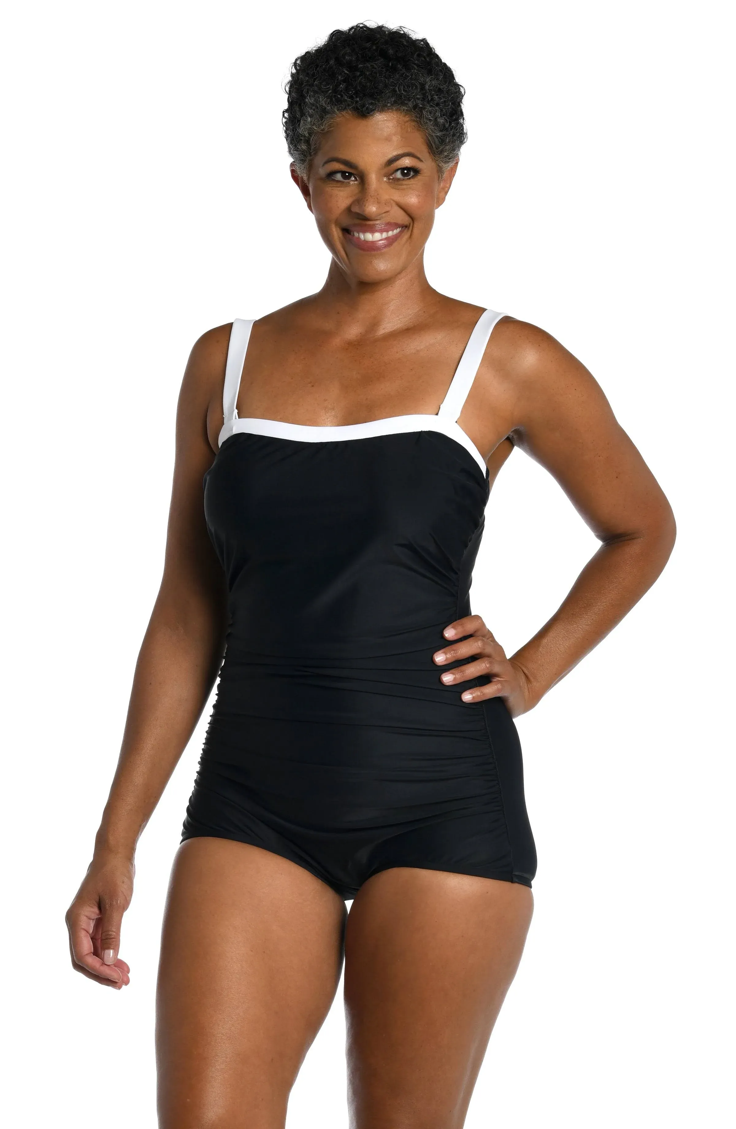 Maxine Women's Solid Bandeau Girl Leg One Piece Swimsuit - Black - Swimoutlet.com