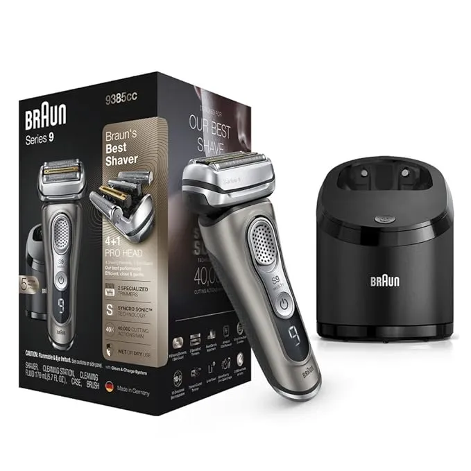 Braun Electric Razor for Men, Waterproof Foil Shaver, Series 9 9385cc, Wet & Dry Shave, with Pop-Up Beard Trimmer for Grooming, Clean & Charge SmartCa