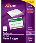 Avery 74549 Name Badge Kit,Easy Pkt,Pin,Top Load,2-1/4-Inch x3-1/2-Inch,100/BX,WE